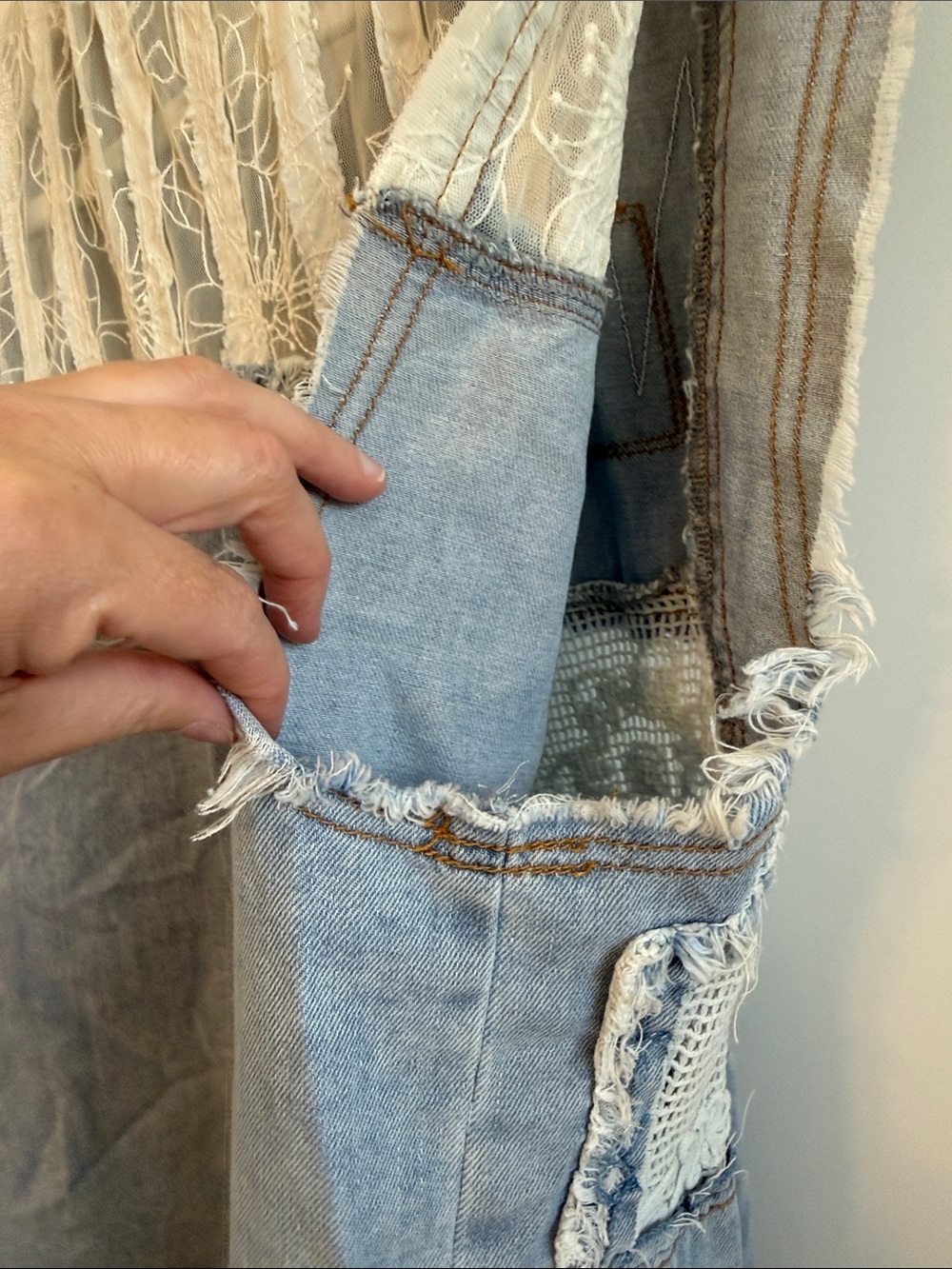 POL Distressed Patchwork Denim Vest with Lace and Embroidery - Picture 4 of 6